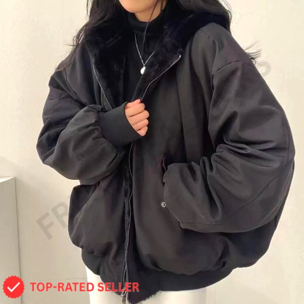 Reversible Sherpa Fleece Jacket Y2K Grunge Winter Coat Oversized Zip Hoodie - Picture 2 of 5